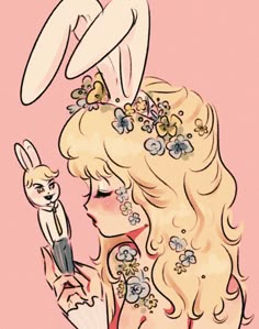 a drawing of a woman with flowers on her head and a rabbit in her hand