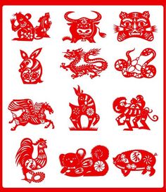 red and white paper cut designs depicting chinese zodiac animals, including roosters, lions, and horses