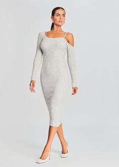 Embrace sophisticated style with SER.O.YA's Siren Dress. This long sleeve rib wool midi dress features a single shoulder strap with the SER.O.YA emblem and a bodycon silhouette. Shown here in Silver. 44% Polyester, 26% Acrylic, 16% Nylon, 10% Wool, 4% Spandex Made in China Model is 5'10" wearing size S Style No. 3065-1 Siren Dress, Bridal Reception Dress, Australia Clothes, Bachelorette Party Bride, Rehearsal Dress, Denim Sweater, Sequin Sweater, Reception Dress, Maxi Gowns