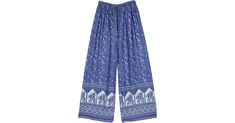 Cobalt Blue Palazzo Pants with Traditional Elephant Print in Clothing - A bohemian streetwear summer pants in cobalt blue and white with a wide leg bottom - these elastic waist pants are lightweight and comfortable. Features: Floral, Printed, Elephant. Traditional Elephant, Bohemian Streetwear, Bohemian Pants, Wide Leg Lounge Pants, Rayon Skirt, Craft Things, Hippie Look, Trendy Skirts, Streetwear Summer