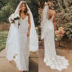 the bride is walking down the sidewalk in her wedding dress and veil over her head