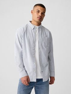 Oxford Shirt in Standard Fit Vertical Stripes Button-up Business Casual Shirt, Vertical Stripes Button-up Shirt For Business Casual, Business Casual Button-up Shirt With Vertical Stripes, Business Casual Vertical Stripes Button-up Shirt, Casual Striped Shirt For Business Casual, Casual Striped Shirt For Business, Classic Spring Flannel Shirt For Everyday, Pinstripe Shirt For Business Casual, Casual Pinstripe Shirt For Business Casual