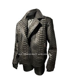 DRAGON SNAKESKIN BIKER JACKET FOR MAN This jacket was made of KING (DRAGON) python leather. This type of leather is very rare and more expensive than other types. This leather has the biggest flakes among all types of python leather. PREMIUM QUALITY LUXURY STYLE Outside: GENUINE KING PYTHON LEATHER  Accessories: silver color (please see the photo). *All our products are 100% handmade, we always try to create interesting ideas to make your style unique. *We use only the highest quality materials King Dragon, Skin Clothes, Jacket For Man, Mens Fashion Coat, All Black Fashion, Accessories Silver, Interesting Ideas, Biker Leather, Black Dragon