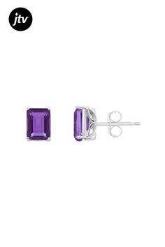 8x6mm rectangular octagonal amethyst rhodium over sterling silver stud earrings. Measures approximately 0.35" L x 0.27" W and have post with friction backings. Classic Octagon Gemstone Earrings, Classic Jewelry With Prong Setting Amethyst, Classic Amethyst Jewelry With Prong Setting, Modern Emerald Cut Gemstone Earrings, Classic Amethyst Birthstone Jewelry, Octagonal Sterling Silver Earrings With Gemstones, Silver Octagon Classic Earrings, Fine Jewelry With Faceted Rectangular Stone, Classic Sterling Silver Octagon Jewelry