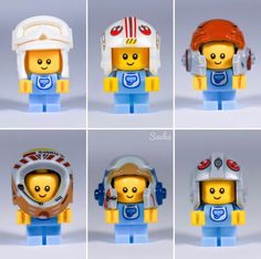 four pictures of different legos with helmets on them