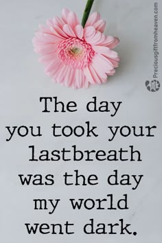 a pink flower sitting on top of a piece of paper with the words, the day you took your last breath was the day my world went dark