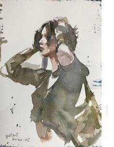 a watercolor painting of a woman with her hand on her head