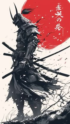 an illustration of a samurai standing in front of the sun with two swords on his shoulder