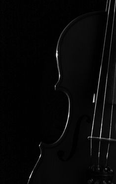 a black and white photo of a violin in the dark with its strings still attached