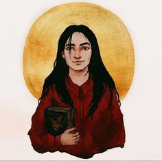 a painting of a person with long hair holding a book in front of a yellow circle