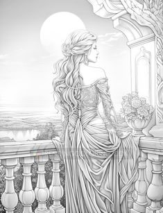 a drawing of a woman sitting on a balcony