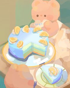 a painting of a teddy bear sitting at a table with a piece of cake in front of it