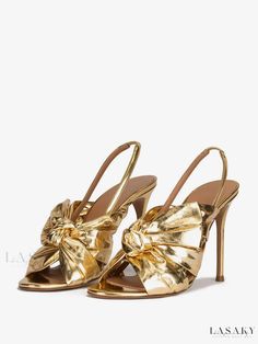 Lasaky - Exquisite Metallic PU Leather High Heel Sandals: Elegant Gold Prom Shoes with a Knotted Slingback and Open Toe Perfect for Stylish Party Attire Gold Prom Shoes, Gold High Heel Sandals, Gold High Heels, Bow Women, Womens Gladiator Sandals, High Heel Mules, Heeled Mules Sandals, Open Toe High Heels, Bow Heels