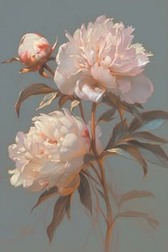 two pink peonies with green leaves on a branch