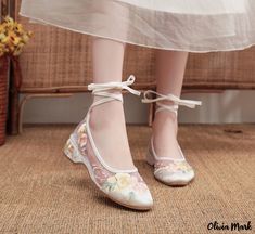 Olivia Mark - Embroidered Floral Fabric Low-Heeled Sandals - Womens Single Shoes White Embroidered Round Toe Heels, White Embroidered Summer Heels, White Embroidered Heels For Spring, Spring White Embroidered Heels, White Floral Embroidered Closed Toe Heels, White Floral Embroidery Closed Toe Heels, Summer Wedding Heels With Floral Embroidery, Spring Wedding Embroidered Heels, Summer Wedding Embroidered Heels