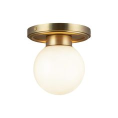 a light fixture with a white glass ball on the top and gold trimmings