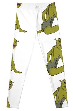 an image of a cartoon character on white sweatpants with green and gray print,