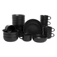 black dinnerware is stacked on top of each other