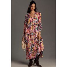 The Thoughtfully Designed Pieces From Anthropologie Surprise, Delight And Tell Storiesof A Collaborative, Inventive Community Of Women Savoring Every Adventure And Seeking Beauty Wherever They Go. Style Notes Maxi Dress With Plunge Neckline And Ruffle Detailing Pullover Styling Materials + Measurements Viscose; Modal Lining Imported Standard: Falls 54" From Shoulder Petite: Falls 50" From Shoulder Plus: Falls 56" From Shoulder Style Number Color Multi Missing Slip Brand New With/Without Tags. Ma Feminine Multicolor Midi Dress For Fall, Feminine Multicolor V-neck Maxi Dress, Print Chiffon Maxi Dress, Tie Dye Maxi Dresses, Gauze Dress, Tie Dye Maxi, Flowy Maxi Dress, Pink Crewneck, Maxi Tank Dress