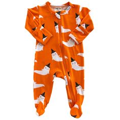 2-Way Zip Footie, Orange Ghost – SpearmintLOVE Cute Halloween Onesie For Loungewear, Playful Fitted Onesie For Bedtime, Fitted Long Sleeve Cartoon Print Onesie, Playful Fitted Onesie For Sleepovers, Playful Onesie For Fall Loungewear, Fall Onesie For Playwear, Playful Fitted Footie For Bedtime, Playful Cotton Footie For Loungewear, Fitted Cotton Footie For Playtime