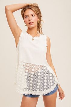 crochet hem tank top runs tts Summer Tops With Frayed Hem For Day Out, White Spring Top With Frayed Hem, White Frayed Hem Top For Spring, Summer Tops With Frayed Hem For Layering, Chic Spring Tops With Cutwork Hem, Sleeveless Cotton Tops With Lace Trim, Chic Summer Crochet Top With Crochet Trim, Chic Summer Lace Top For Layering, Chic Lace Top For Summer Layering