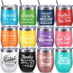 many different colored tumblers with sayings on them