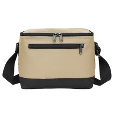 a beige and black cooler bag on a white background