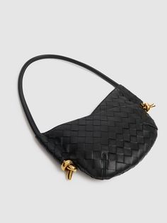 Height: 18cm Width: 28cm Depth: 5cm. Mini intrecciato leather shoulder bag. One main compartment. Zip closure. Lambskin lining. Brass finish hardware. Handle drop: 25cm