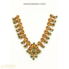 22K Gold 'Peacock' Necklace with Color Stones , Pearls & Drops (Temple Jewellery) - 235-GN3134 - Buy this Latest Indian Gold Jewelry Design in 65.000 Grams for a low price of $3,327.99 Traditional Green Engraved Necklace, Antique Necklaces For Formal Festivals, Gold Jewelry Design, 22 Karat Gold Jewelry, Indian Gold Jewellery Design, 22 Carat Gold Jewellery, Indian Gold Jewelry, Temple Jewelry Necklace, Gold Peacock