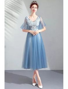 Dusty Blue Tea Length Tulle Formal Party Dress Vneck With Puffy Sleeves Dress Tea Length, Delicate Gown, Party Dresses With Sleeves, Tea Length Tulle, Below The Knee Dresses, Tulle Party Dress, Blue Tea, Black Jeans Outfit, Garden Party Dress