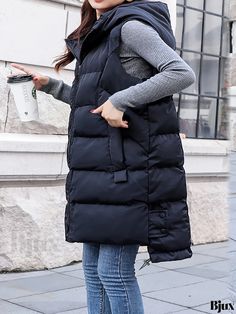 Bjux - Hooded Zip-Up Vest Coat - Stylish Sleeveless Winter Outerwear for Women Long Puffer, Winter Outerwear, Vest Coat, Detachable Hood, Casual Fit, Puffer Vest, Casual Fits, Zip Up, Polyester Material