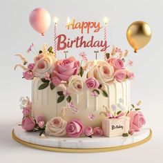 a birthday cake decorated with pink roses and gold balloons on a white surface, with the words happy birthday written above it