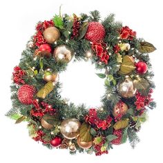 a christmas wreath with ornaments and greenery on it, isolated against a white background