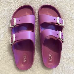 New! H2k Double Strap Buckle Sandals. Easy Slip On And Go Slides. Super Comfy And Perfect For Beach Or Warm Weather. Color: Purple And White - New Shipped Without Box - Double Buckle Adjustable Straps - Cushioned Contoured Sole - Slip On Style Purple Leather Sandals With Buckle Closure, Purple Slip-on Slides For Summer, Non-slip Purple Slip-on Sandals, Purple Slip-on Slides For The Beach, Purple Slip-on Beach Slides, Buckle Sandals, Warm Weather, Women's Shoes Sandals, Adjustable Straps