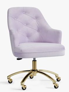 an office chair with wheels and a light purple upholstered seat, viewed from the front