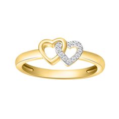 Finish off your ensemble with a touch of diamond-studded sweetness in this darling 14k gold plated double heart ring. Finish off your ensemble with a touch of diamond-studded sweetness in this darling 14k gold plated double heart ring.  Width: 5mm Nickel free Metal: sterling silver Plating: 14k gold, rhodium Finish: polished Packaging: boxedDIAMOND DETAILS Total weight: less than 1/10 ct. Color grade: I, J Clarity grade: I2, I3 Shape: round Setting: prong Diamond weights are approximate. Diamond Valentine's Day Yellow Gold Diamond Ring, Double Heart Diamond Ring With Accents For Valentine's Day, Double Heart Diamond Ring For Valentine's Day Anniversary, Promise Double Heart Diamond Ring With Accents, Valentine's Day Gold Ring With Diamond Accents, Valentine's Day Double Heart Diamond Ring With Accents, Valentine's Day Anniversary Double Heart Diamond Ring, Double Heart Diamond Ring For Valentine's Promise, Double Heart Diamond Promise Ring For Valentine's Day