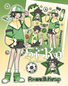 an anime character with green and white clothes, holding a soccer ball in her hand