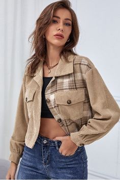 Color Block Plaid Jacket,Coats & Jackets,COLOR BLOCK, CROPPED, JACKET, PLAID- DEFIANT Plaid Sleeve, Womens Khakis, Loose Outfit, Winter Mode, Plaid Jacket, Corduroy Jacket, Crop Jacket, Womens Plaid, Color Khaki