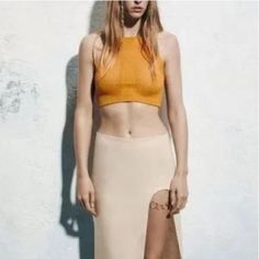 Zara Orange Straight Neck Cropped Top With Spaghetti Straps Perforated Fabric Detail Casual Summer Hollow-out Crop Top, Chic Pointelle Knit Crop Top For Spring, Chic Spring Pointelle Knit Crop Top, Trendy Summer Crop Top With Cutout, Summer Crop Top With Cutout And Stretch, Chic Hollow Out Crop Top For Spring, Summer Stretch Crop Top With Cutout, Beige Open Knit Crop Top For Summer, Stretch Summer Crop Top With Cutout