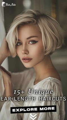 Looking for a low-maintenance hairstyle? Look no further than the classic ear-length haircut! Simple, yet stunning. 💇‍♀️💖 Classic Bobs Haircuts, Short One Length Bob Hairstyles, Short Ear Length Bob, Ear Length Bob Hairstyles, Ear Bob Haircut, Stacked Chin Length Bob Haircut, Short Ear Length Hair, Short Hair Low Maintenance, Short Hairstyle Women 2024