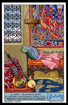 Liebig Tradecard S1351 - Moroccan Art | Liebig's Meat Extrac… | Flickr Liebig Tradecard, Moroccan Painting, Kawaii Planet, Art Marocain, Art Trippy, Holiday Inspo, Moroccan Culture, Moroccan Art