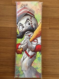 a painting of a baseball player with a mustache and moustache holding a bat