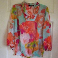 Nwt Excellent Condition Sleeve: 3/4 Sheer Blouse Floral Design Colors: Orange Pinkgreen Yellowaqua Blue Offers Welcomed Floral Print 3/4 Sleeve Blouse For Brunch, Floral Print Blouse With 3/4 Sleeve For Brunch, Summer Floral Print Tops With 3/4 Sleeves, Spring Beach Blouse With 3/4 Sleeves, Chic Blouse With Floral Print And 3/4 Sleeves, Flowy 3/4 Sleeve Blouse For Spring, Floral Print Beach Blouse With 3/4 Sleeves, Beach Blouse With Floral Print And 3/4 Sleeves, Beach Blouse With 3/4 Sleeves And Floral Print