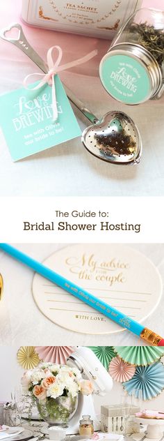 the guide to bridal shower hosting is displayed on a table with flowers and spoons