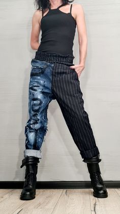 "Extravagant Denim Pants, Asymmetric Denim Harem Pants, Painted Streetwear Pants, Deconstructed Denim, Women Denim Harem ❤️ Extravagant designs and high quality fabrics! ❤️ Materials & Care Denim, Cotton, Textile Hand wash at low temperatures. Do not machine dry. Do not iron. Do not dry clean! ❤️ Sizing We can make your piece from XS to 5XL! Everything in the shop can be also made according to your measures free of charge! ❤️ Shipping ✈ Ready to ship The time I need to prepare an order for s Dapper Women Outfits, Streetwear 2023 Women, Baggy Asymmetrical Bottoms For Spring, Asymmetrical Baggy Bottoms For Spring, Spring Baggy Asymmetrical Bottoms, Trendy Asymmetrical Cotton Bottoms, Edgy Baggy Blue Jeans, Edgy Blue Baggy Jeans, Trendy Asymmetrical Bottoms With Pockets