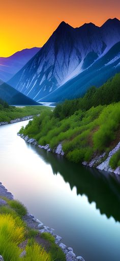 a river running through a lush green forest next to tall mountain range at sunset with the sun setting in the distance