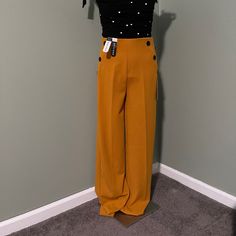 Stretchable Regular Length Very Flattering On. Fitted Wide Leg Pants With Button Closure For Summer, Casual Yellow Bottoms For Office, Yellow Office Bottoms For Summer, Yellow Summer Office Bottoms, Yellow Wide Leg Pants For Workwear In Fall, Fall Workwear Yellow Wide Leg Pants, Yellow Bottoms For Office Spring Season, Fitted Yellow Bottoms For Office, Pantsuits For Women