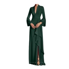 Fabric: Satin Silhouette: Sheath/Column Neckline: V-Neck Hemline/Train: Floor-Length Embellishment: Split Side Sleeve: Long Sleeves Shown Color: Dark Green Green V-neck Dress With Surplice Neckline For Evening, Fall Cocktail V-neck Maxi Dress, Green V-neck Dress For Fall, Elegant Green V-neck Mini Dress, Green V-neck Surplice Dress For Evening, Formal Green V-neck Maxi Dress, Green Long Sleeve V-neck Dress For Fall, Green Maxi Dress With Surplice Neckline For Evening, Green V-neck Dress For Date Night