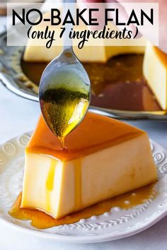 no bake flan cheesecake on a plate with caramel sauce