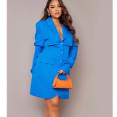 Blue Long Sleeve Blazer Dress Blue Mini Dress For Spring Formal, Blue Formal Mini Dress For Spring, Blue Midi Dress For Fall Date Night, Blue Long Sleeve Blazer Dress For Party, Blue Fall Midi Dress For Office, Blue Mini Dress For Office In Fall, Blue Midi Dress For Office In Fall, Chic Blue Blazer Dress For Party, Elegant Blue Blazer Dress For Fall